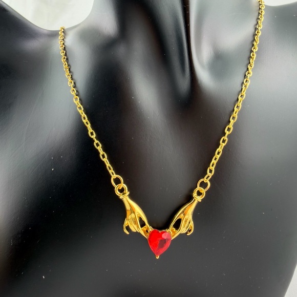 Gold Hands Holding Red Heart Necklace Romantic - Picture 5 of 11